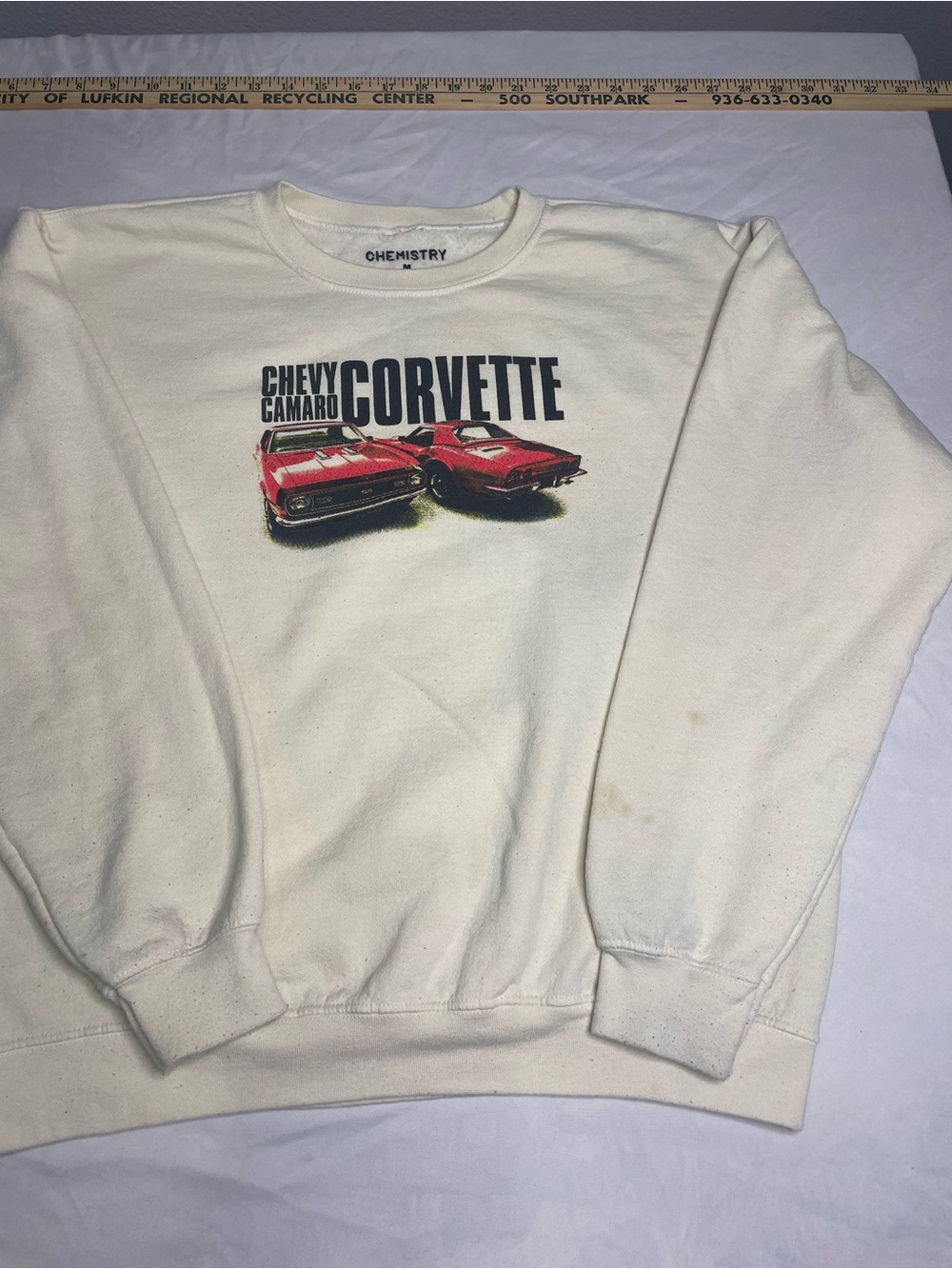 Chemistry Cream Crewneck Sweatshirt with Chevy Camaro & Corvette Graphic SKU046